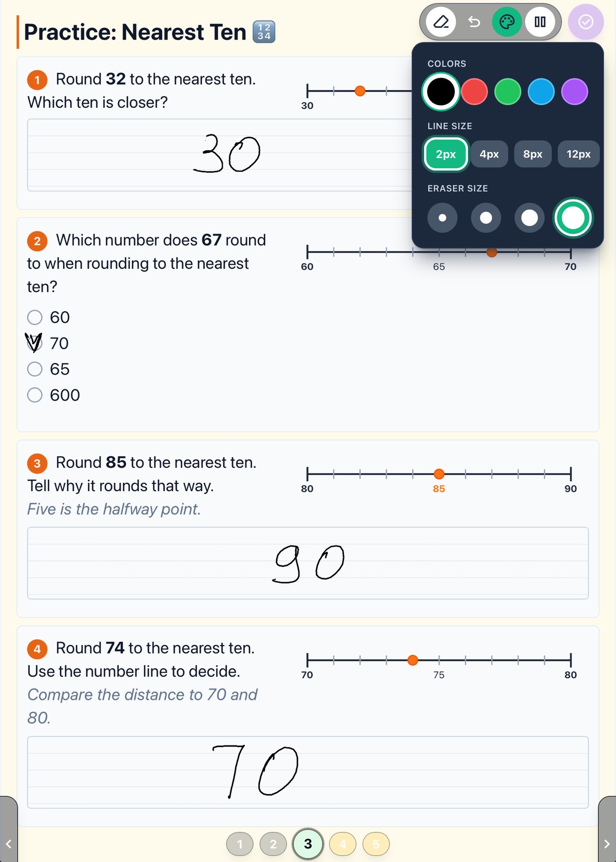 A SkillFlow rounding lesson with a child's handwritten answers 30, 90 and 70