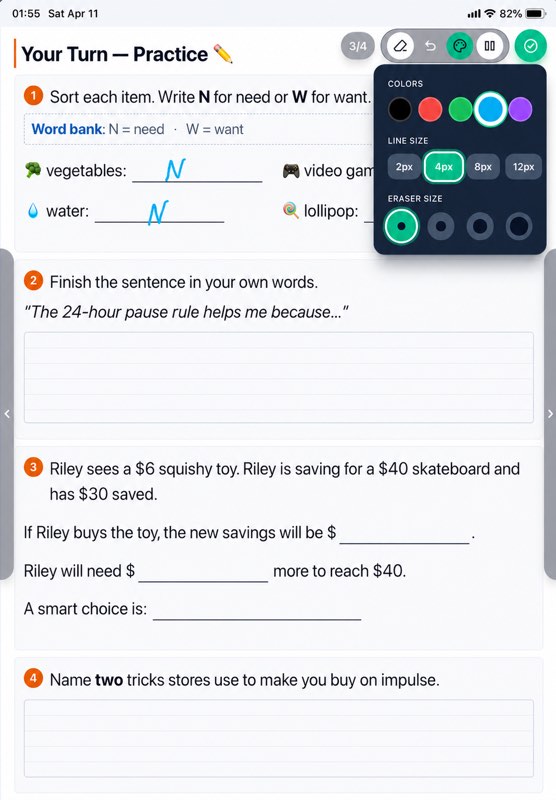 SkillFlow lesson on an iPad showing handwriting tools and a child's written answer